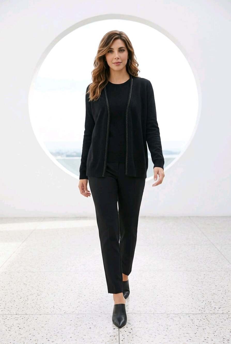 Neiman Marcus Womens Cashmere Collection Black Open Cardigan Metallic chain Trim